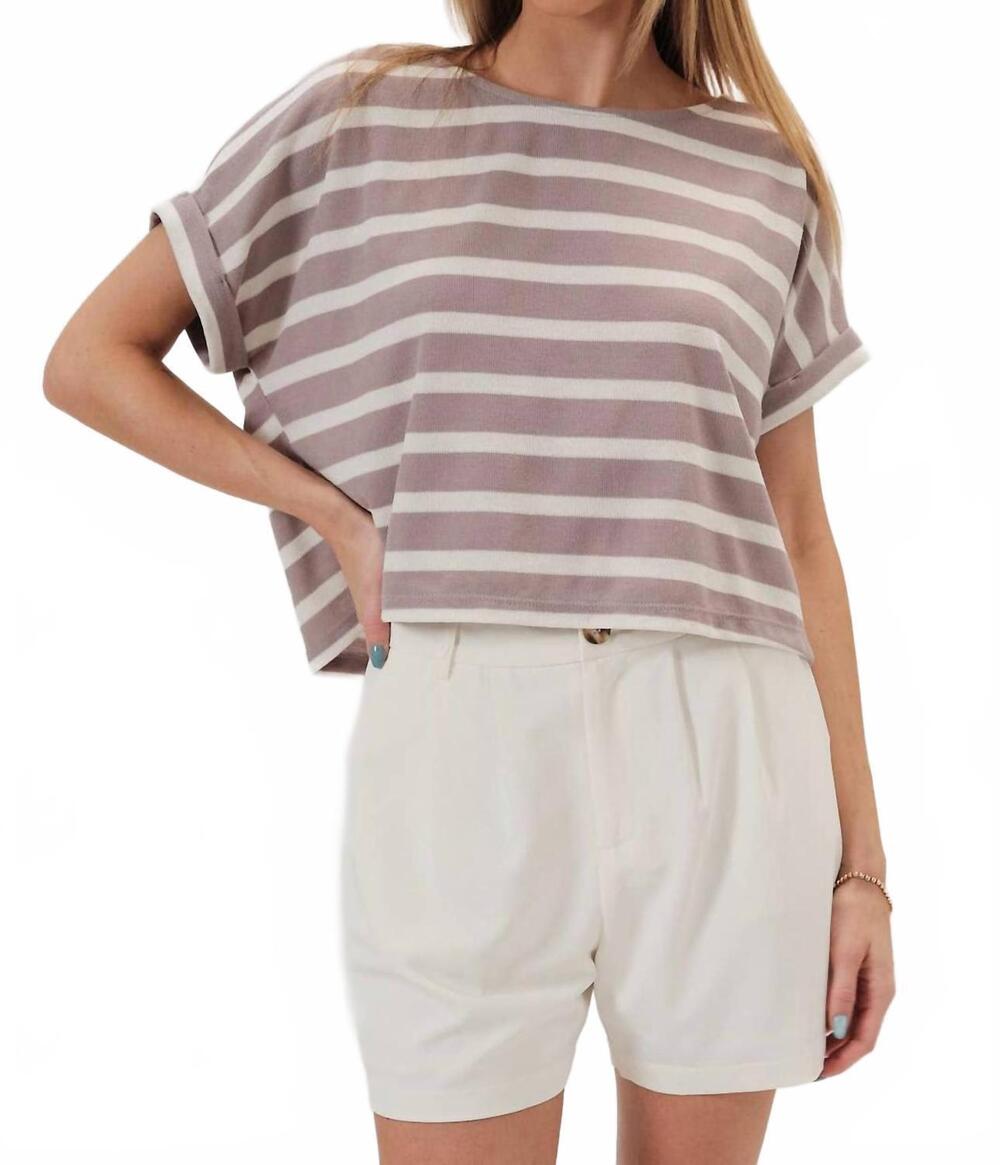 NEW GILLI round neck short sleeve top in taupe-white stripe